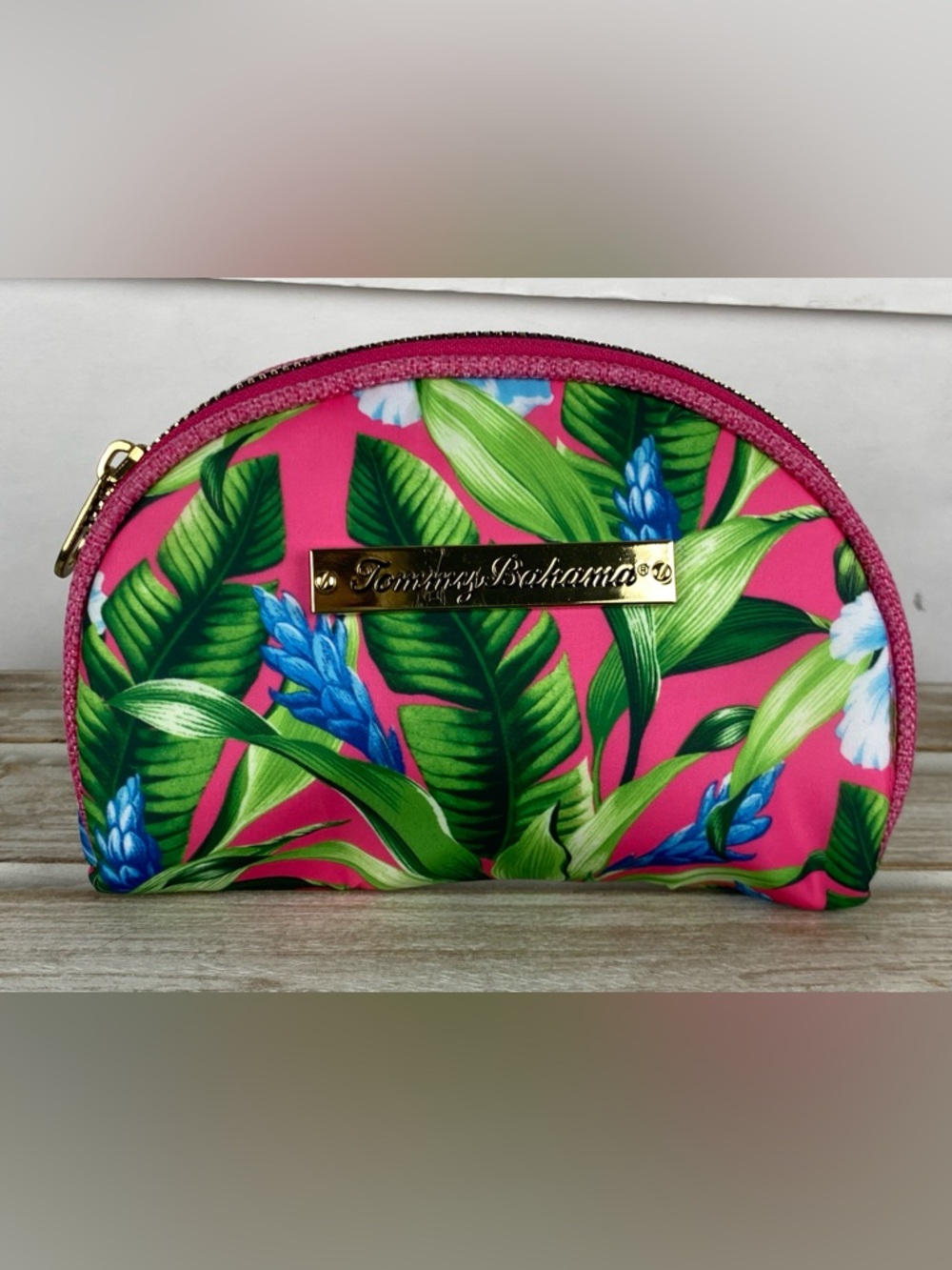 Tommy Bahama pink and green tropical print cosmetic bag dome shape logo plaque